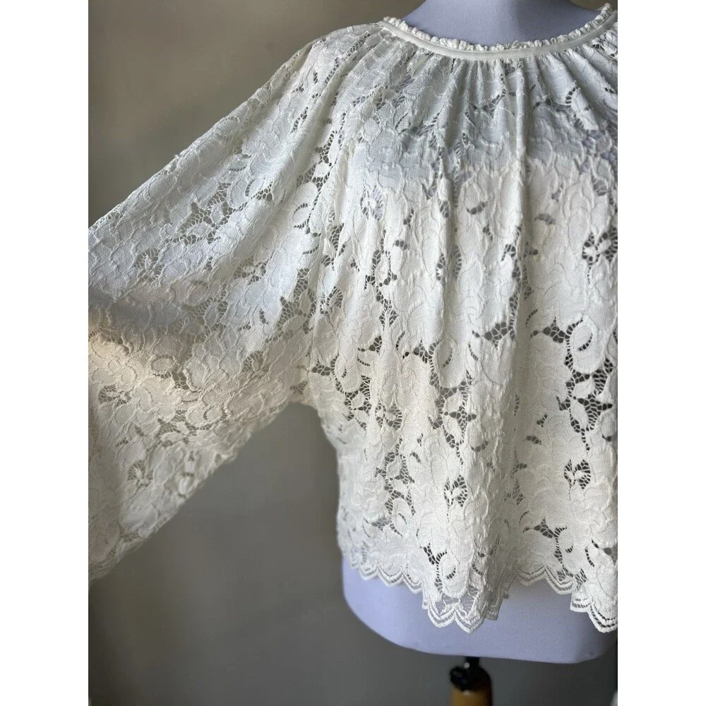 Free People White Lace Ruffle Sleeve Round Neck Women's Blouse Size S